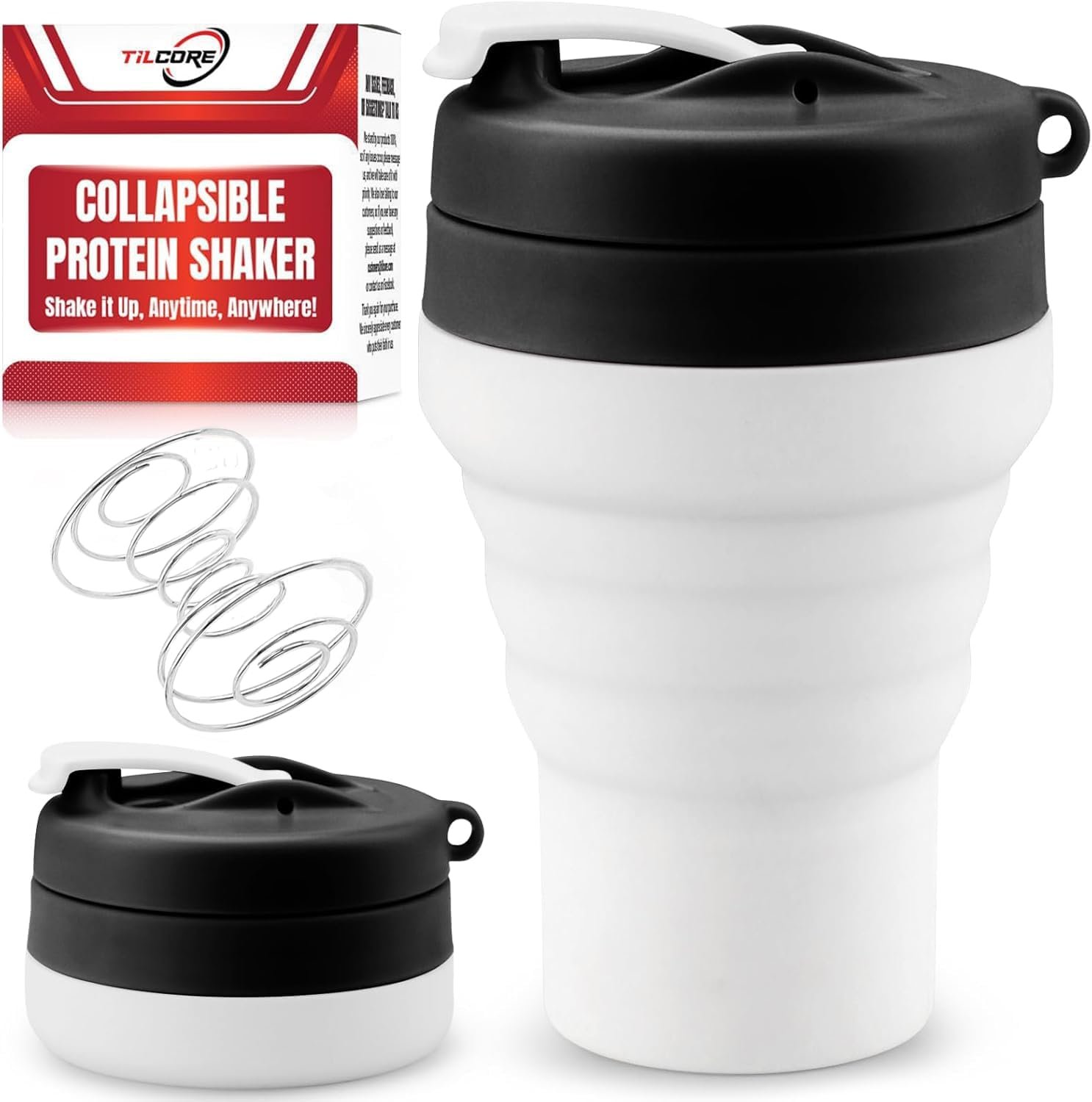 Protein Shaker Bottle Collapsible - Food-Grade, Leakproof Lid 600mL/20oz Shaker - Reusable Silicone Shaker Cups for Protein Shakes for Gym-goers & Travelers