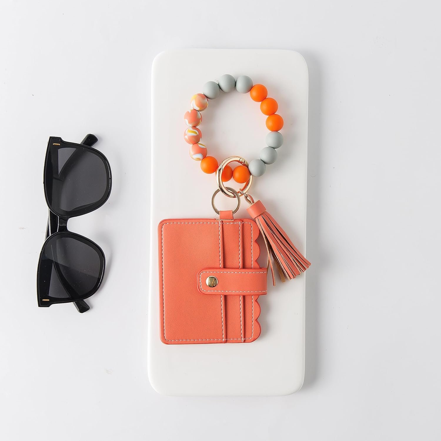 Real Sic Wristlet Bracelet Keychain Wallet, Silicone Bead Credit Card Holder, Multifunctional Trendy Card Case and Keyring Accessory (Orange)
