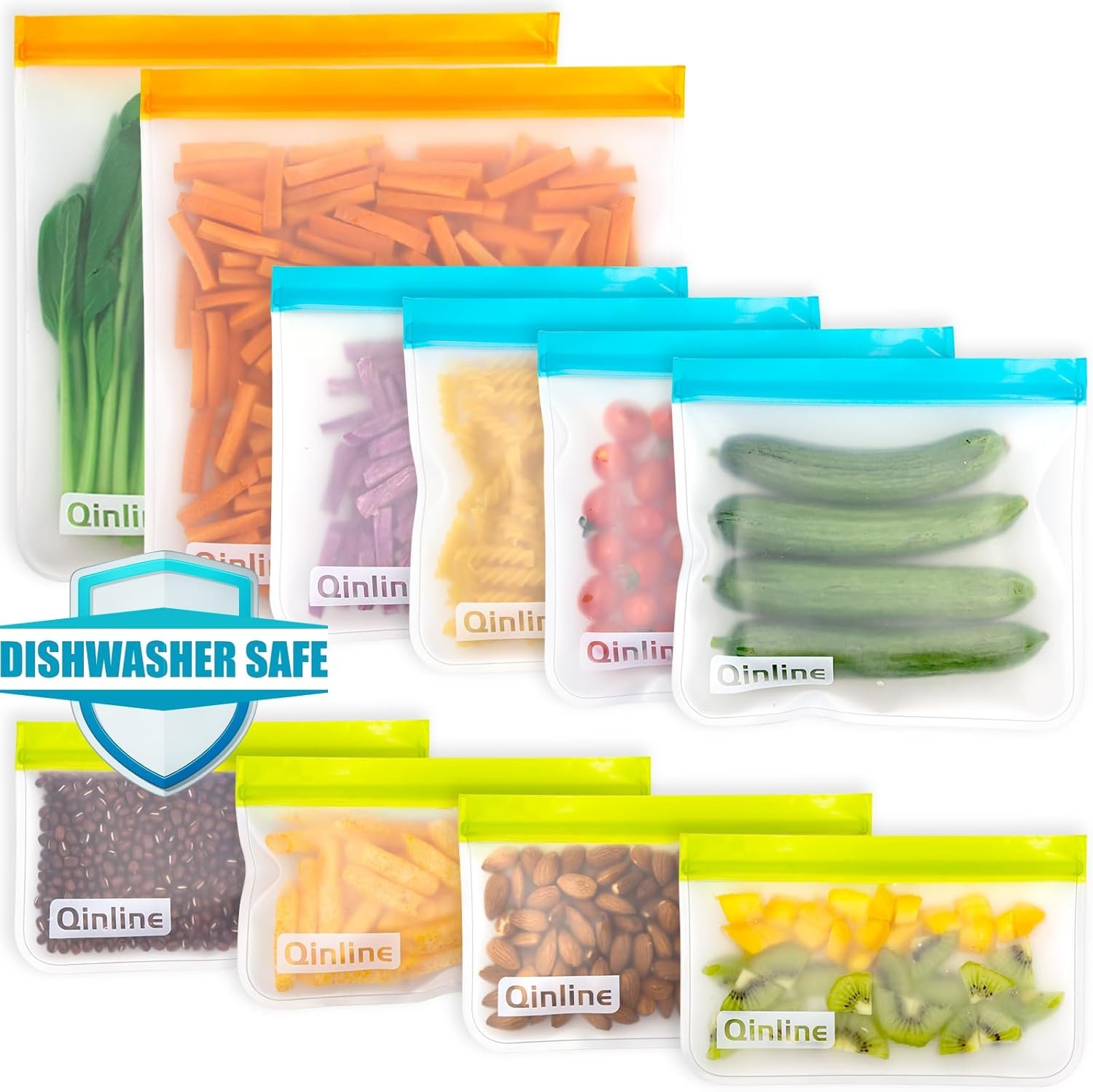 Reusable Food Storage Bags - 10 Pack Freezer Bags, Reusable Bags Silicone, EXTRA THICK Leakproof Reusable Lunch Bag for Salad Fruit Travel - 2 Gallon 4 Sandwich 4 Snack Bags