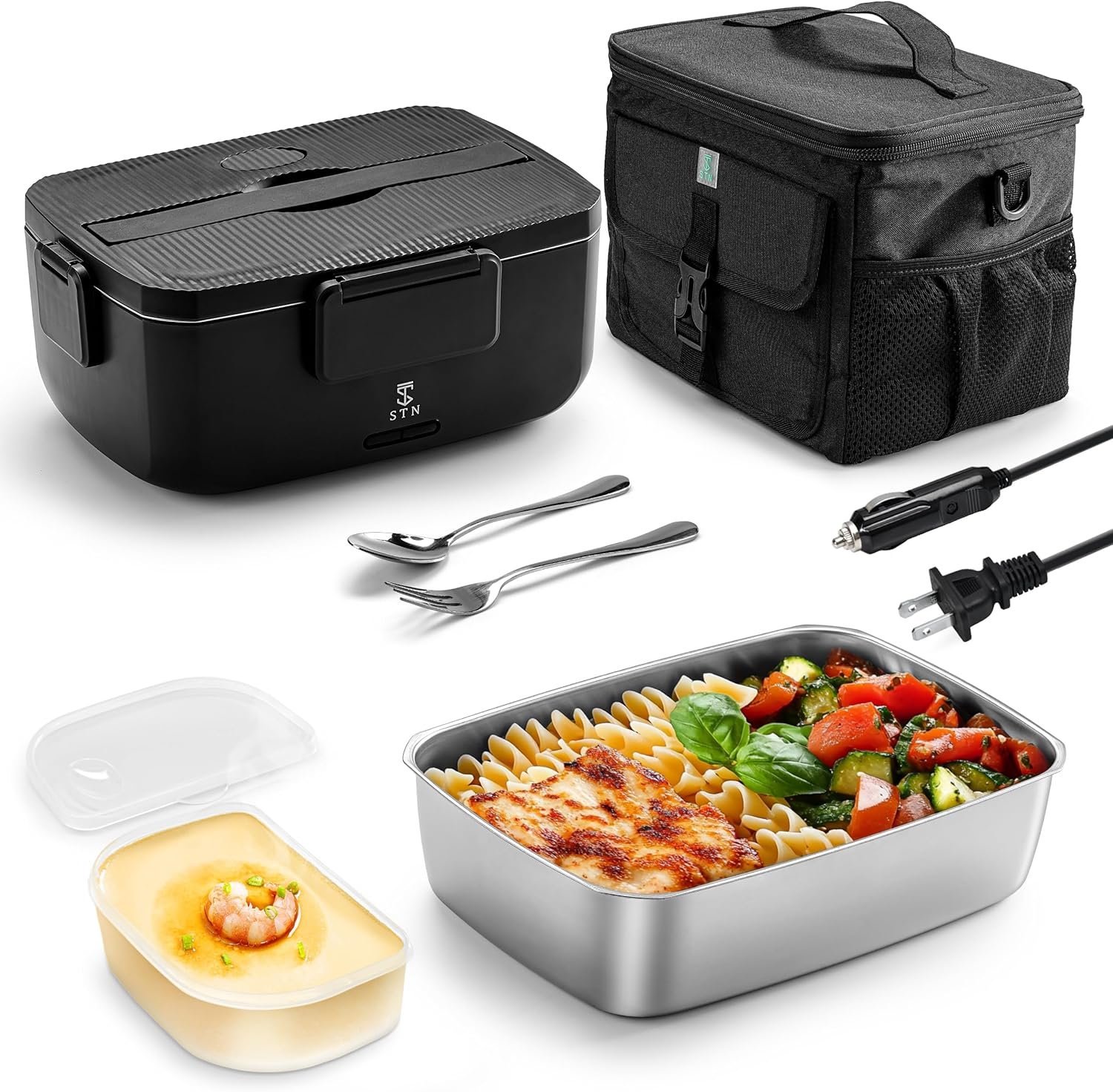 STN Electric Lunch Box for Adults 2L Heated Lunch Boxes for 12/24/110V with 10L Insulated Bags,Big Cutlery Set for 12v 24v 110v