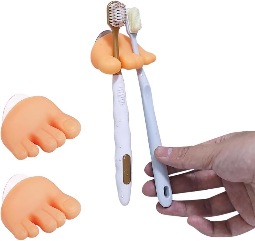 Self-Adhesive Toe Head Toothbrush Holder Organizer, Stick on Bathrooms Wall/Mirrors, Cute Modern Foot Toe Shaped Silicone to Storage Bulk Toothbrush for Individual Hygienic (2 Packs)