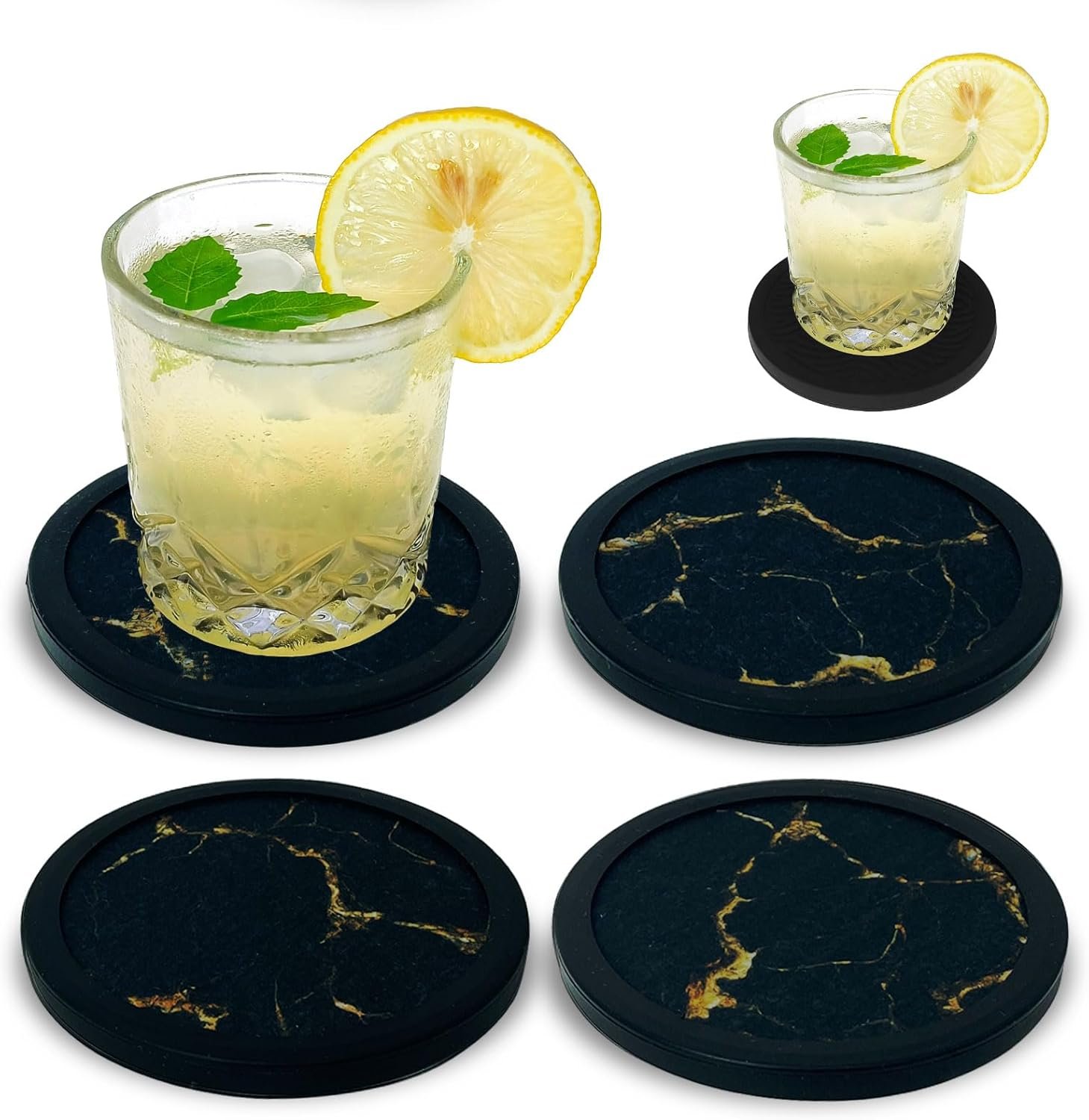 Set of 4 Black Silicone Coasters, Double-Sided Absorbent Felt & Non-Slip Cup Mats for Hot Cold Drinks, Deep Tray Design Table Desk Outdoor Use