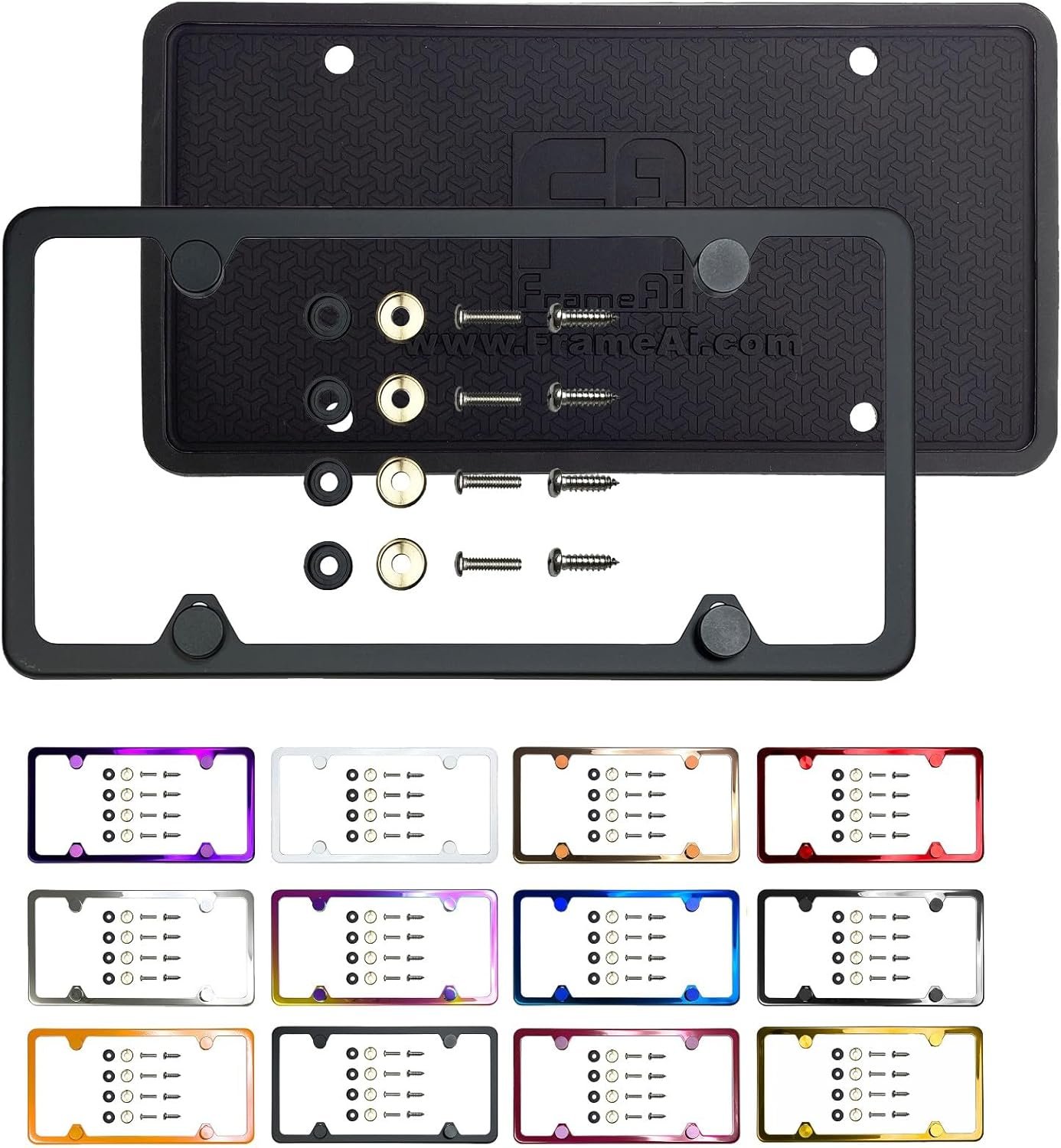 Silicone Back Guard Four Holes Slim License Plate Frame Matte Black Powder Coated Universal Fit Aluminum Screw On Cap Cover, T304 Stainless Steel, Rust Proof Weather Proof (Qty: 1 Frame)