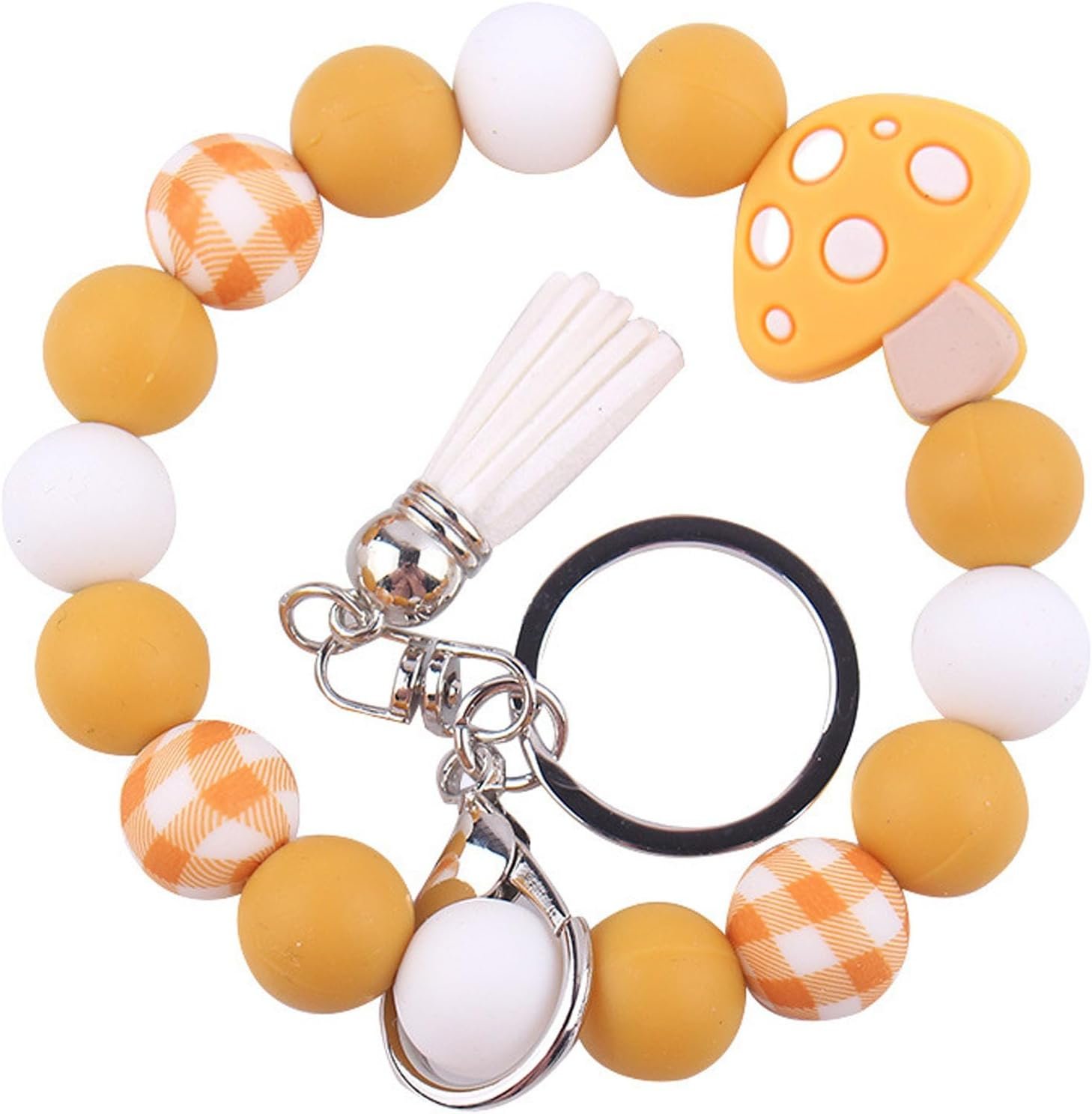 Silicone Beads Mushroom Keychain Wristlet Bracelet,Lanyard ID Badge Holder,Key Chain Bangle Key Rings for Women