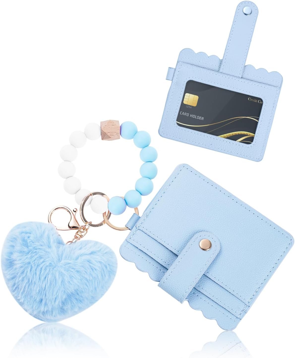 Silicone Bracelet Keychain Wallet for Women Wrist Keychain Car Key Chain with Card Holder and Plush Heart Keychain