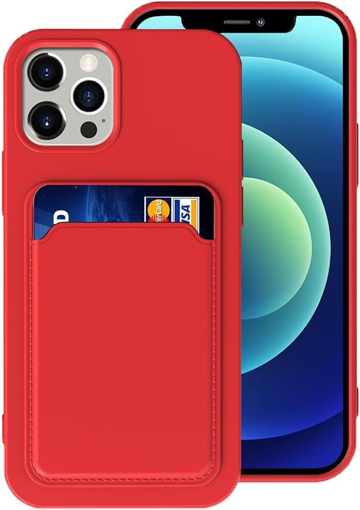 Silicone Card Case Compatible with iPhone 12/iPhone 12 Pro 6.1inch, Shock-Absorbing Protective Case with Card Holder, Soft Slim Wallet Case Compatible with iPhone 12/12 Pro (2020 Release)-Red