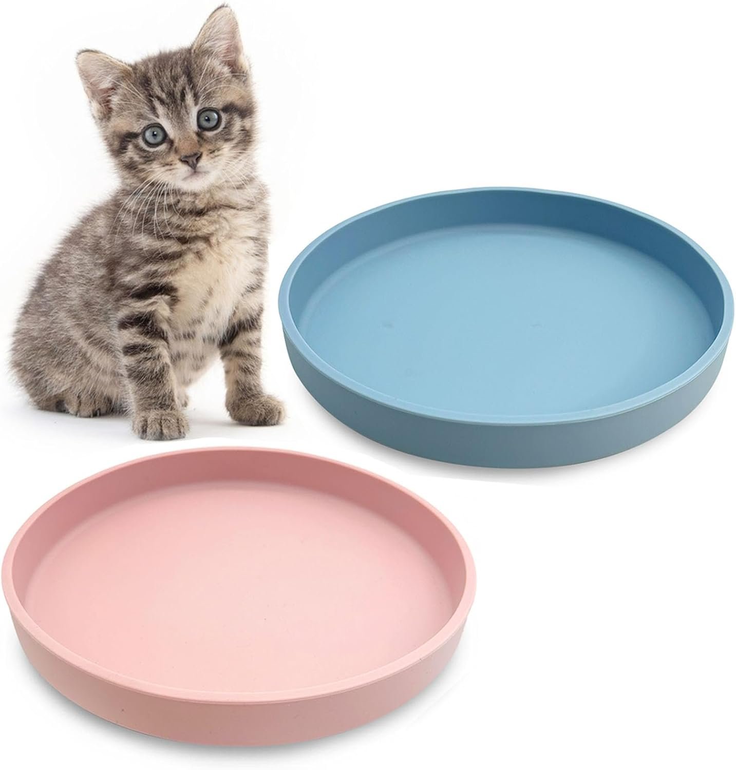Silicone Cat Food Bowls Shallow Cat Dishes 5.9in Wide Pet Plates Set of 2 Small Flat Dog Saucer Bowl Cute Whisker Fatigue Kitten Feeding Dish for Dry & Wet Food (Round Blue + Pink)