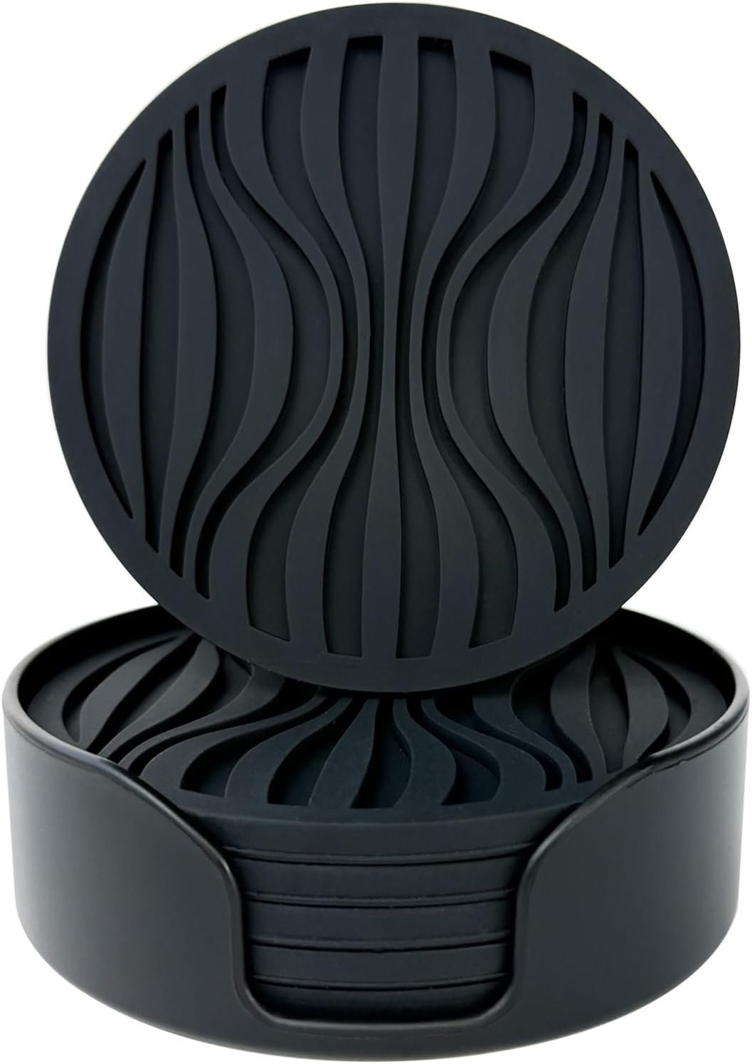 Silicone Coaster Set of 6 Pieces with Silicone Cup Holder,Drinking Coasters, Cup Mat for Drinks,Live for Hot or Cold Drink Thickened, Non-Slip, Non-Stick, Deep Tray Black (Black)
