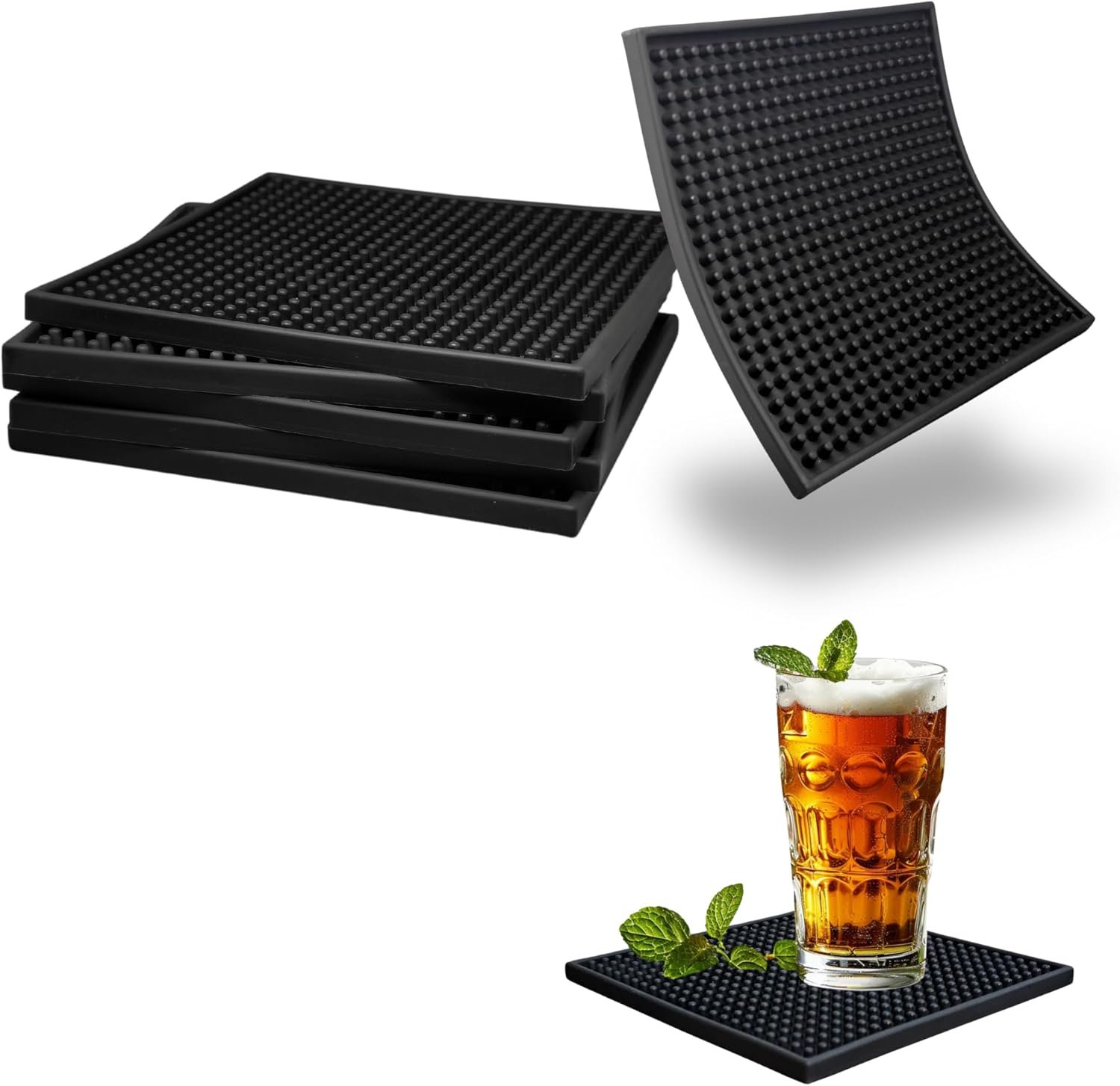 Silicone Coasters Set - 6 Pack - 6 Inch Square Drink Coasters for Coffee Table & Desk - Absorbent & Anti-Slip - Outdoor & Indoor Use