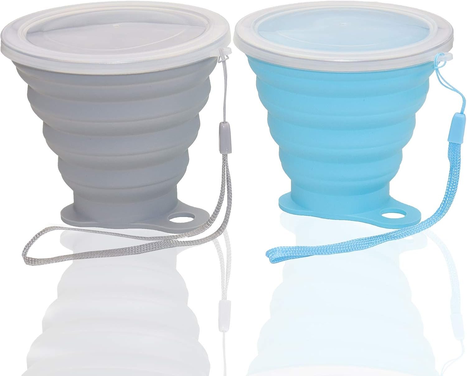 Silicone Collapsible Cups for Camping Travel, Small Portable Drinking Cup with Lids Reusable for Outdoor Hiking 270ml (Blue/Gray, 2 Pack)