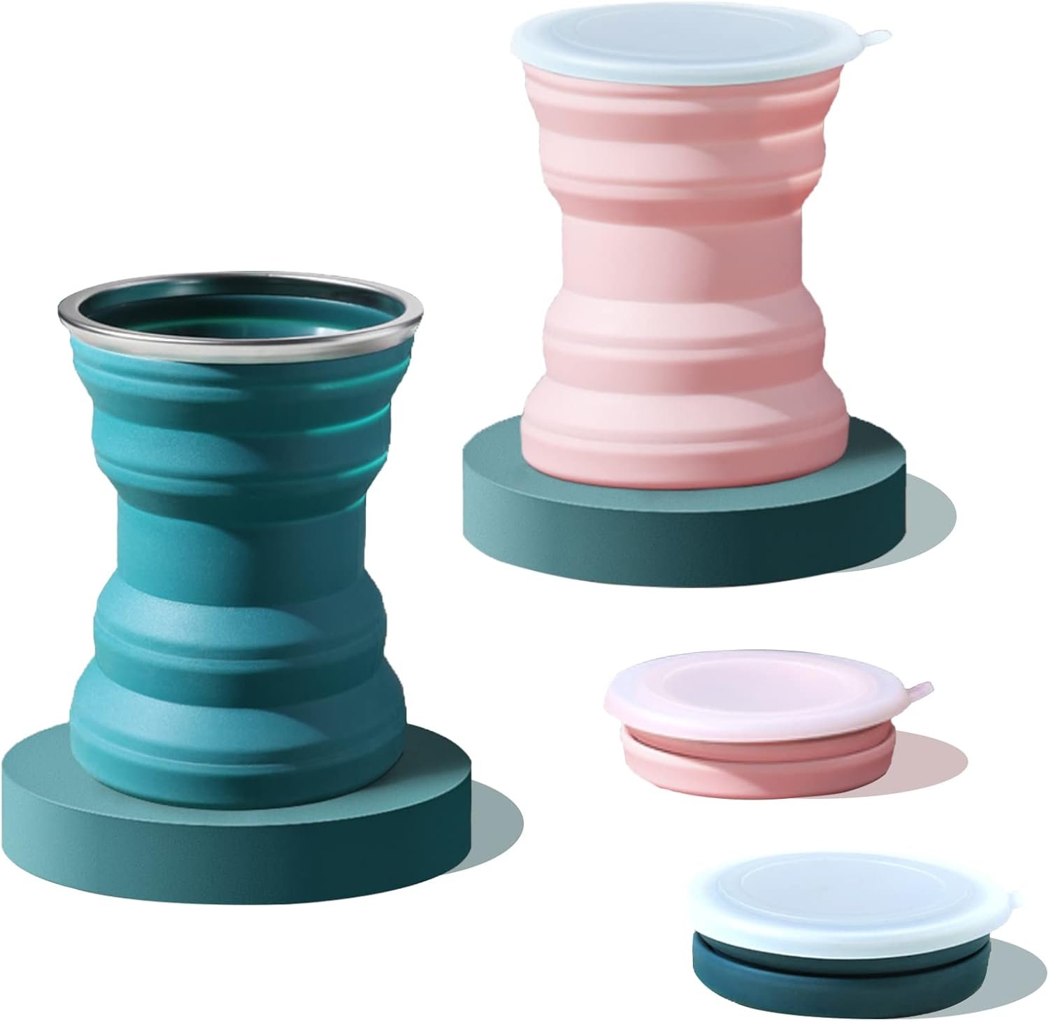Silicone Collapsible Travel Cup, 2 Pack 320 ML Collapsible Silicone Cup with Lid, Expandable Drinking Cup Set, Reusable Mug for Camping, Hiking, Travel