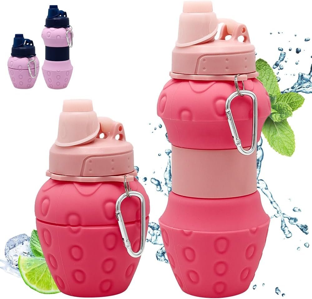 Silicone Collapsible Water Bottles, Leakproof 16oz Portable Water Bottle Sports Cups with Straw, BPA Free, for Outdoor