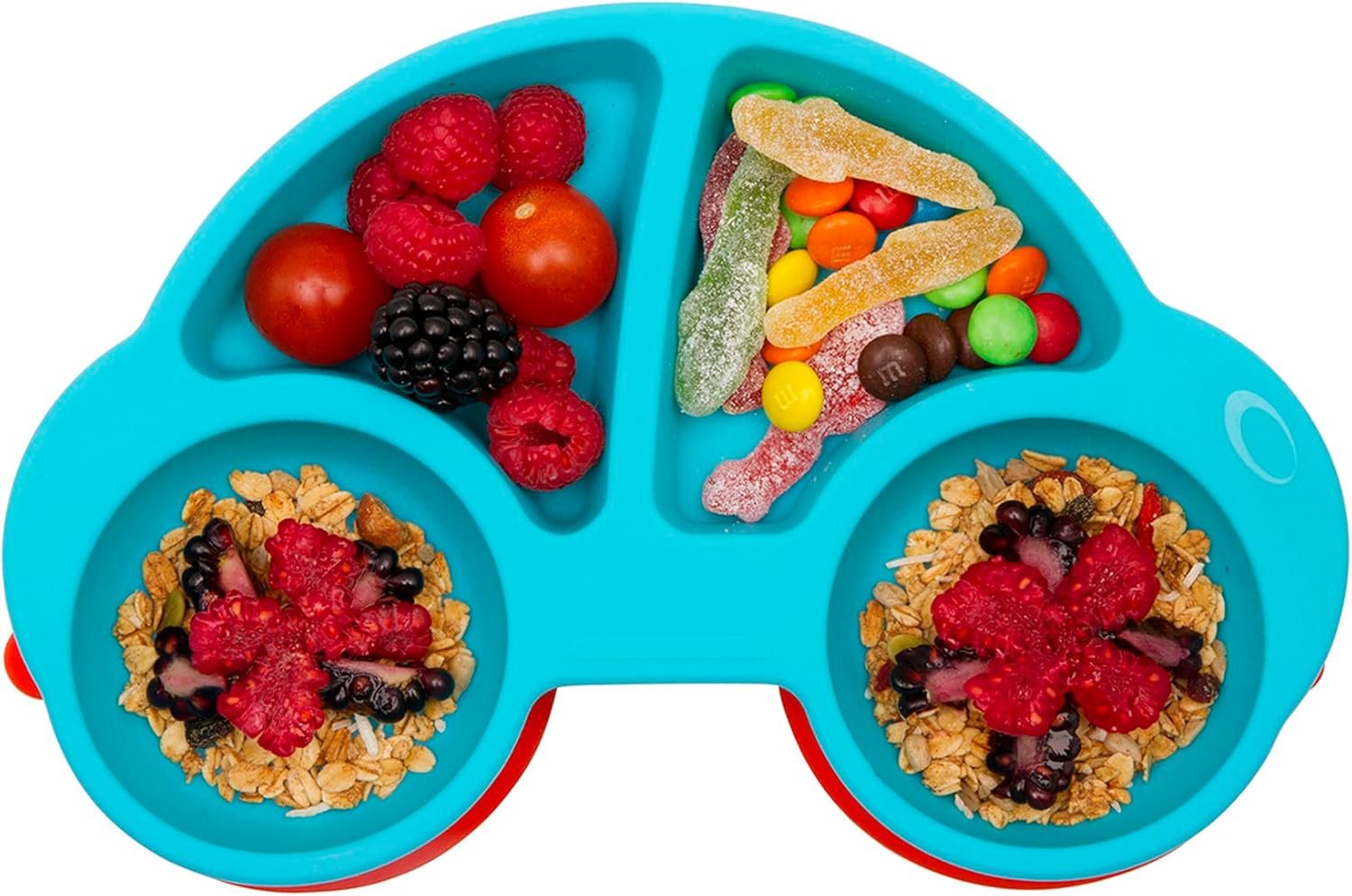 Silicone Divided Toddler Plates - Portable Non Slip Suction Feeding Plates for Children Babies and Kids BPA Free Baby Dinner Plate (Car-Blue)