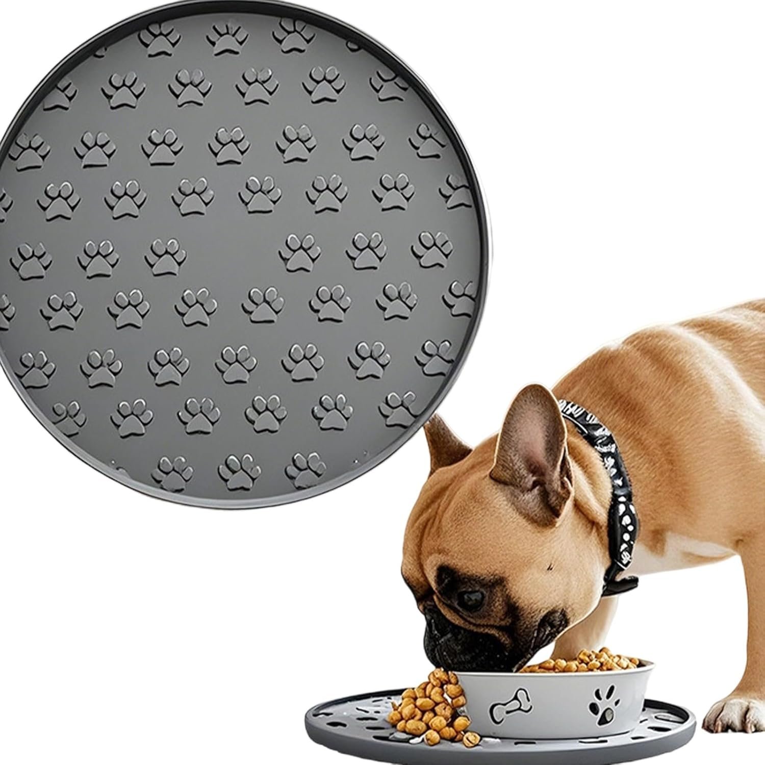 Silicone Dog Food Mat,Silicone Pet Food Mat Cat,Rubber for Dog Bowls Mats for Food and Water Bowl Feeding Round Paw Print(1 Pcs,Gray)