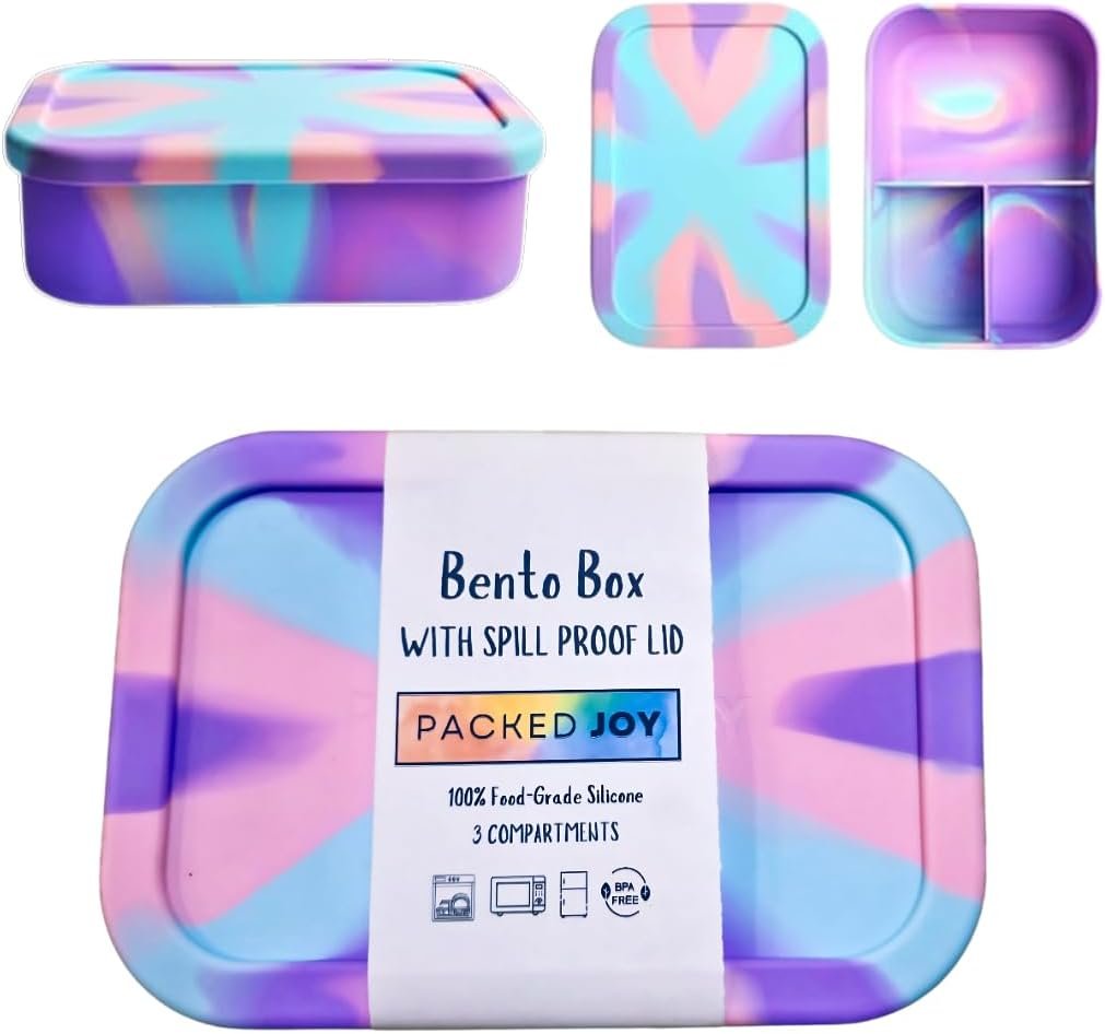 Silicone Lunch Box for Adults & Kids, 40oz Bento Box | 3 Compartments, Leak-Proof Design, 100% Food-Grade Silicone | Microwavable & Portable For All Occasions (5.7x8.5in, Purple)
