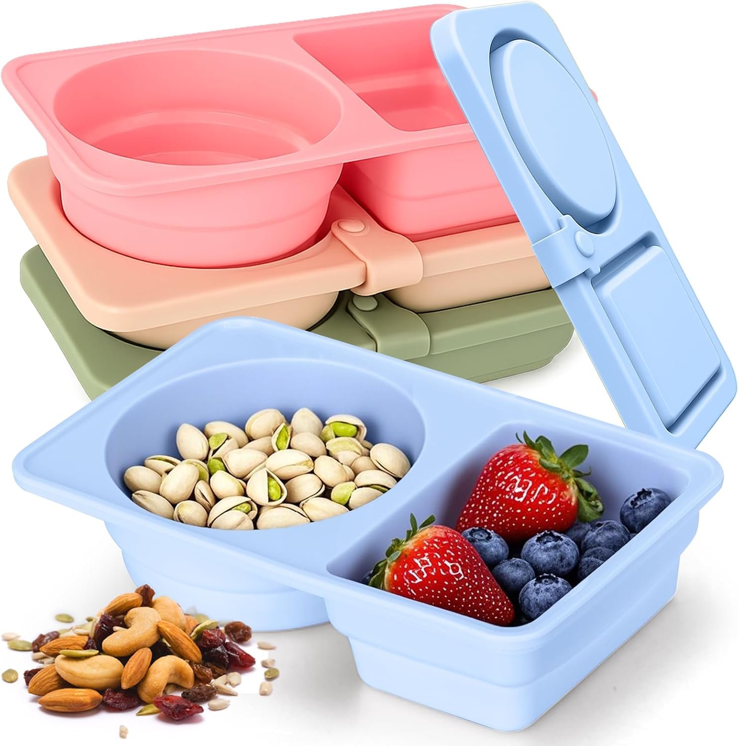 Silicone Reusable Snack Containers with Lids, Double Compartment Snackle Box for Sauce, Condiments, Snack, Portable Mini Food Storage Container for Travel, Office, Picnic 4 Pack