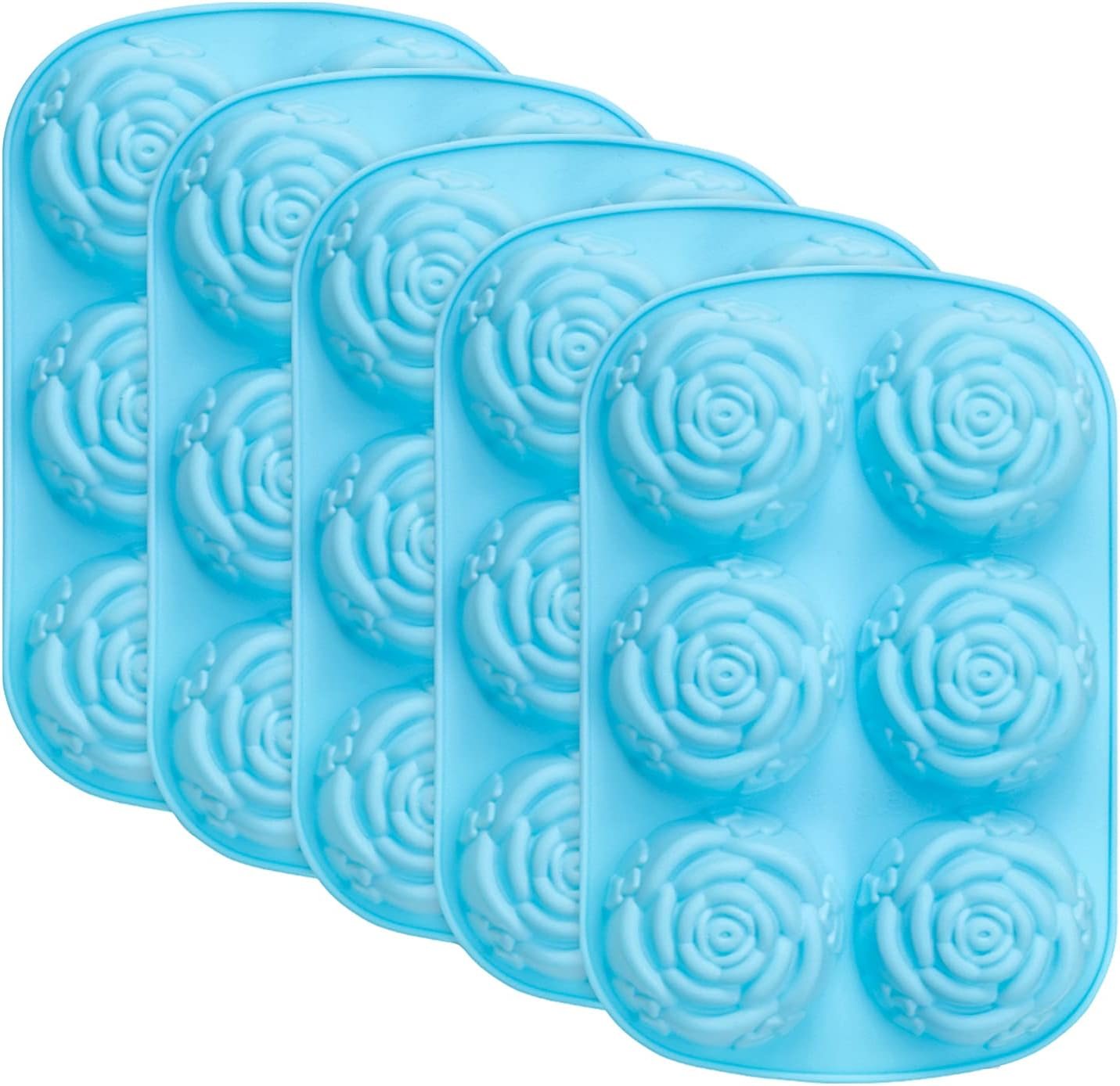 Silicone Rose Molds 5 Packs, 6-Cavity Non Stick Rose Flower Ice Cube Mold for Candy, Soap, Cupcake, Jelly, Chocolate, Blue
