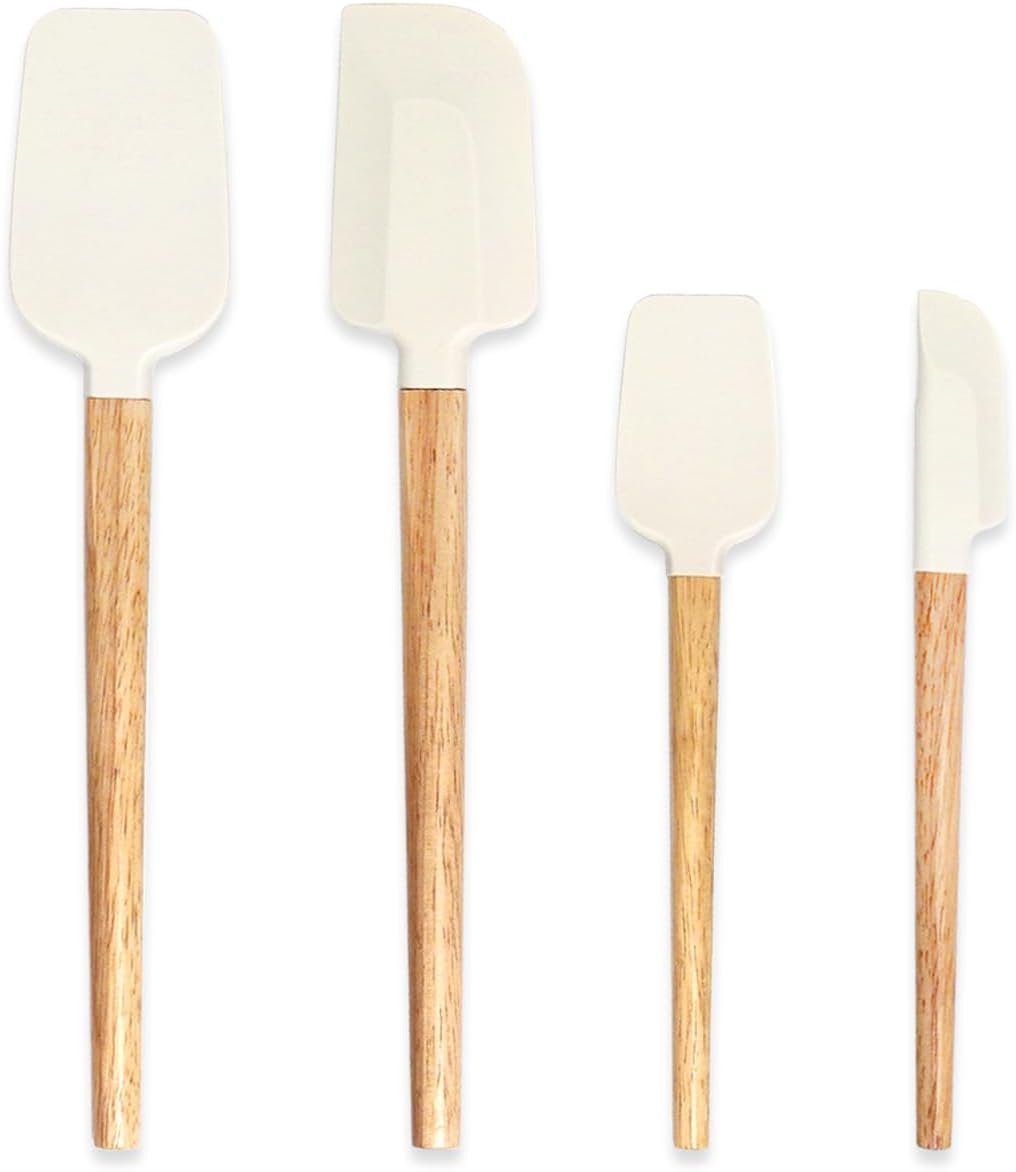 Silicone Spatula Set, 4 Piece Food Grade Rubber Spatula Nonstick Off-White Wooden Spatula, Spoonula, Jar Scraper for Cooking, Baking, Mixing, Frosting - Heat Resistant Up to 600°F(Dishwasher Safe )