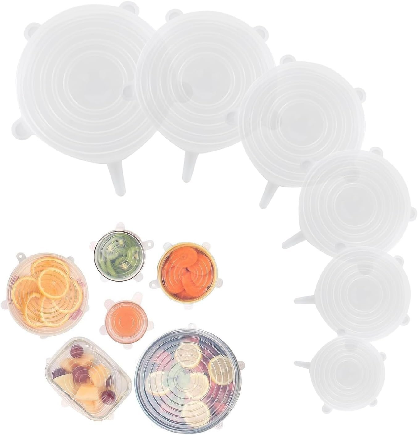 Silicone Stretch Lids – 6 Pack Reusable Food Covers,Flexible Silicone for Bowls, Containers, Fruits – Airtight & Leakproof Seal for Kitchen Storage(transparent)