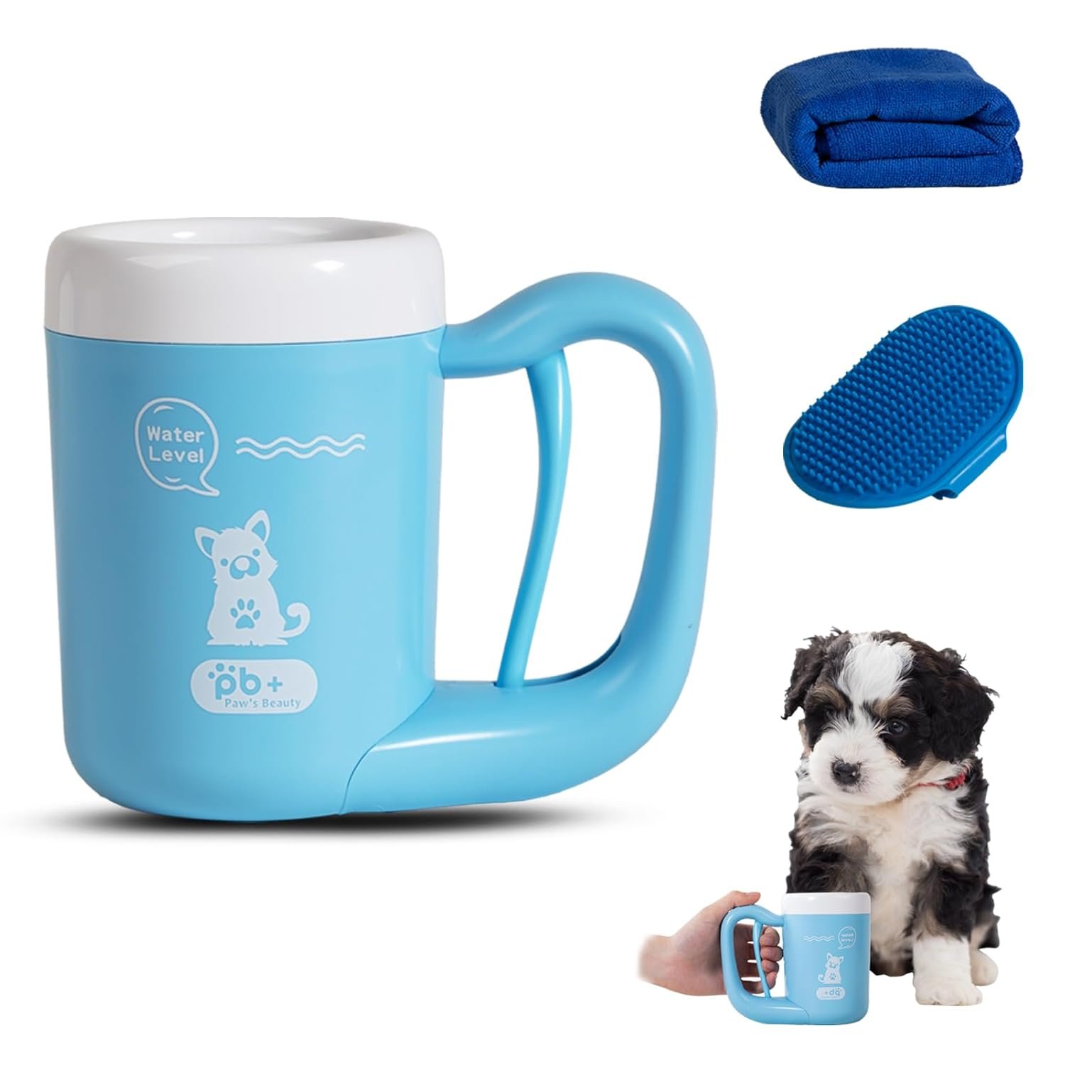 Small Pet Paw Cleaner Cup - Easy Press Design Dog Foot Washer with Soft Massage Brush & Absorbent Towel - Reusable Durable Paw Cleaning Cup for Dogs Cats, Easy to Clean Handheld Bath Tool