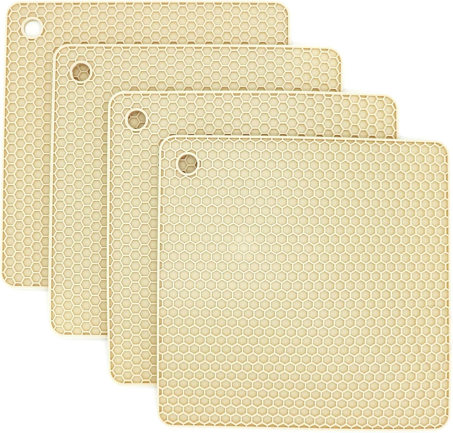 Smithcraft Silicone Trivets for Hot Dishes, Pots and Pans, Hot Pads for Kitchen, Beige Silicone Pot Holders Mats for Kitchen Quartz Counter Heat Resistant Mat, Flexible Table Plate Trivet Mat Set 4