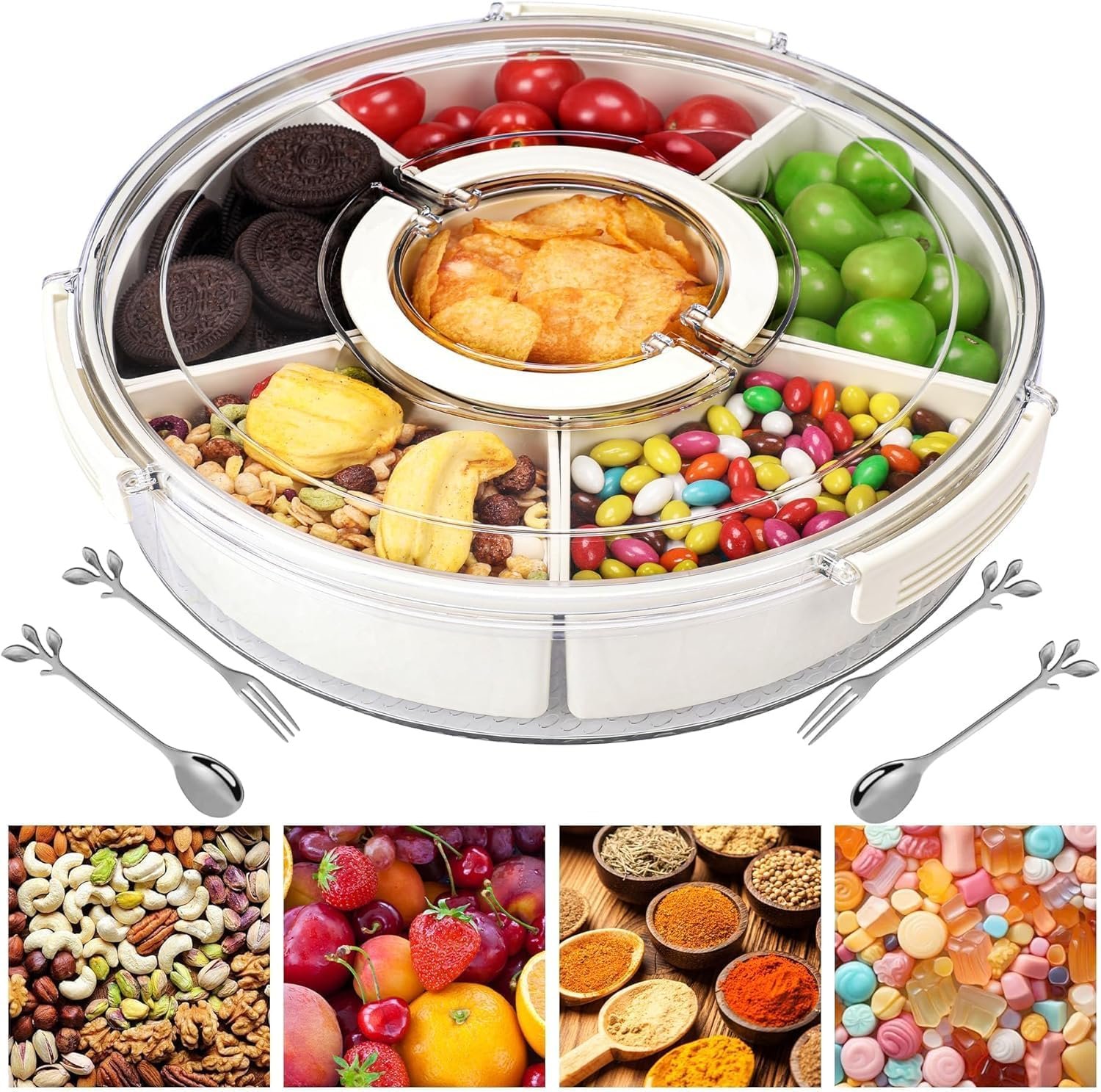 Snackle Box Container Divided Serving Tray with Lid, 6-Compartment Portable Spinning Round Stackable Container, Handle, Spoon and Fork for Veggies, Fruit, Candy, Party Snacks, Nuts, Kitchen Essentials