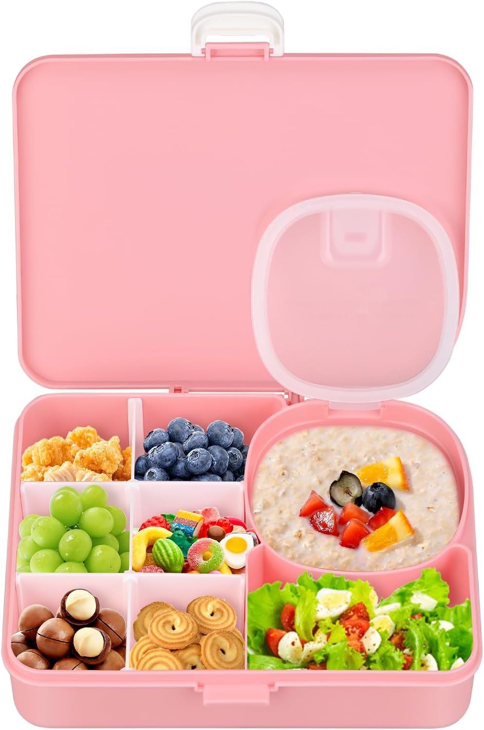 Snackle Box Container for Kids,Adjustable Compartments,Reusable Snack Containers with Lids,Easy-Open Latch,Lunch Food Containers,Dishwasher Safe,Leak-Proof Silicone Ring(1 Pack- Pink)