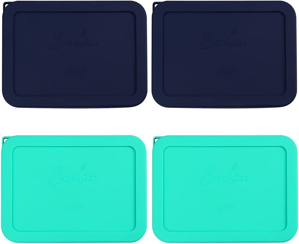Sophico 6 Cup Rectangle Silicone Storage Cover Lids Replacement for Pyrex 7211-PC Glass Bowls, Container not Included (Navy Blue-Mint)