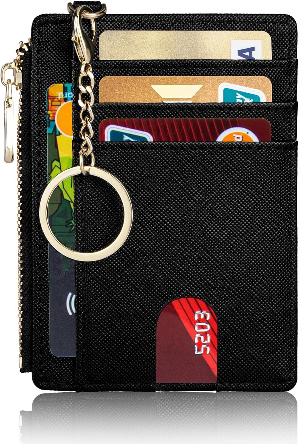 Suweibuke Slim Pocket Wallet, RFID Blocking Credit Card Holder Wallet with D-Shackle ID Window and Detachable keychain for Women (A-Black)