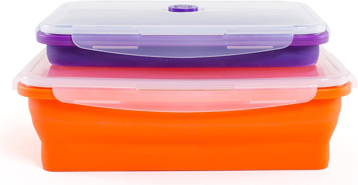 Thin Bins Collapsible Containers – Set of 2 Extra Large Rectangle Silicone Food Storage Containers – BPA Free, Microwave, Dishwasher and Freezer Safe