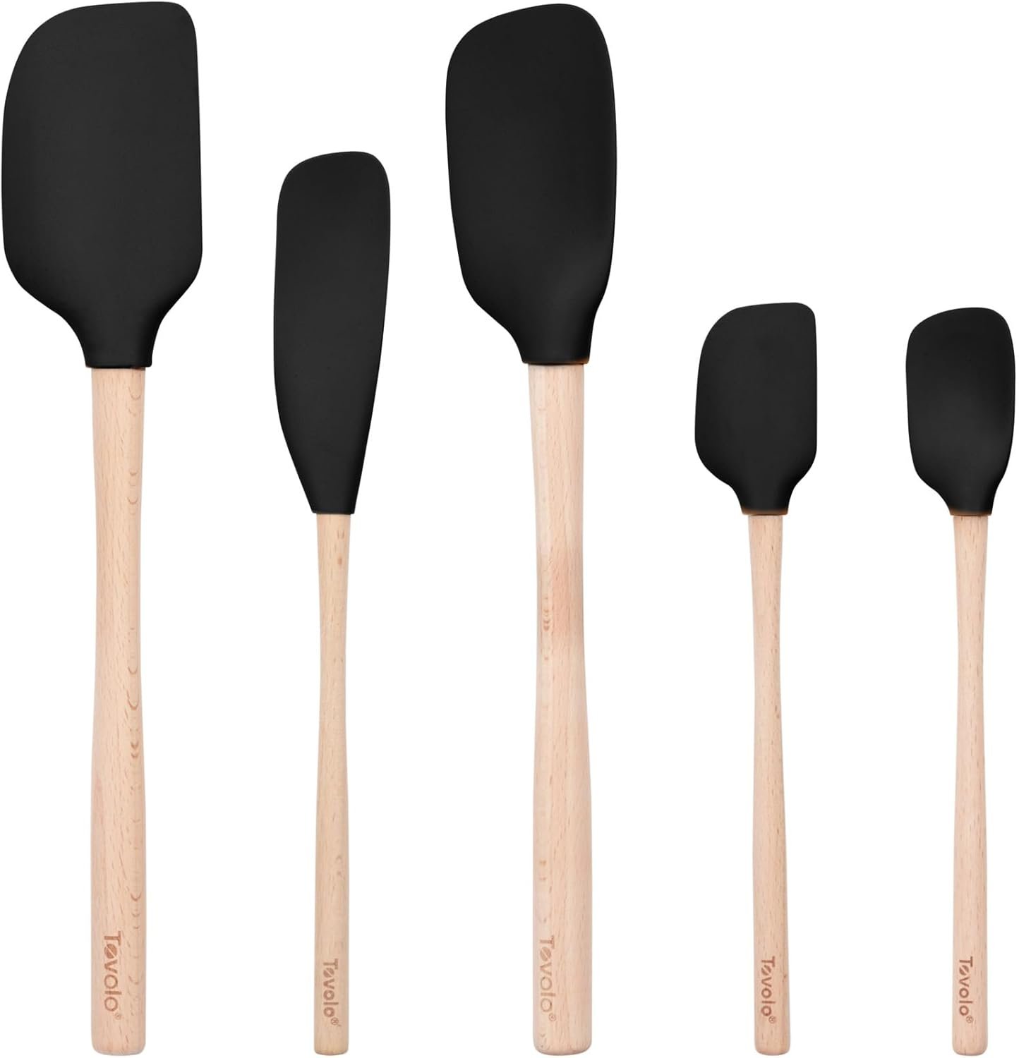 Tovolo 5-Piece Silicone and Wooden Handle Utensil Set (Black): Spatula, Spoonula, Jar Scraper, Mini Spatula, and Mini Spoonula