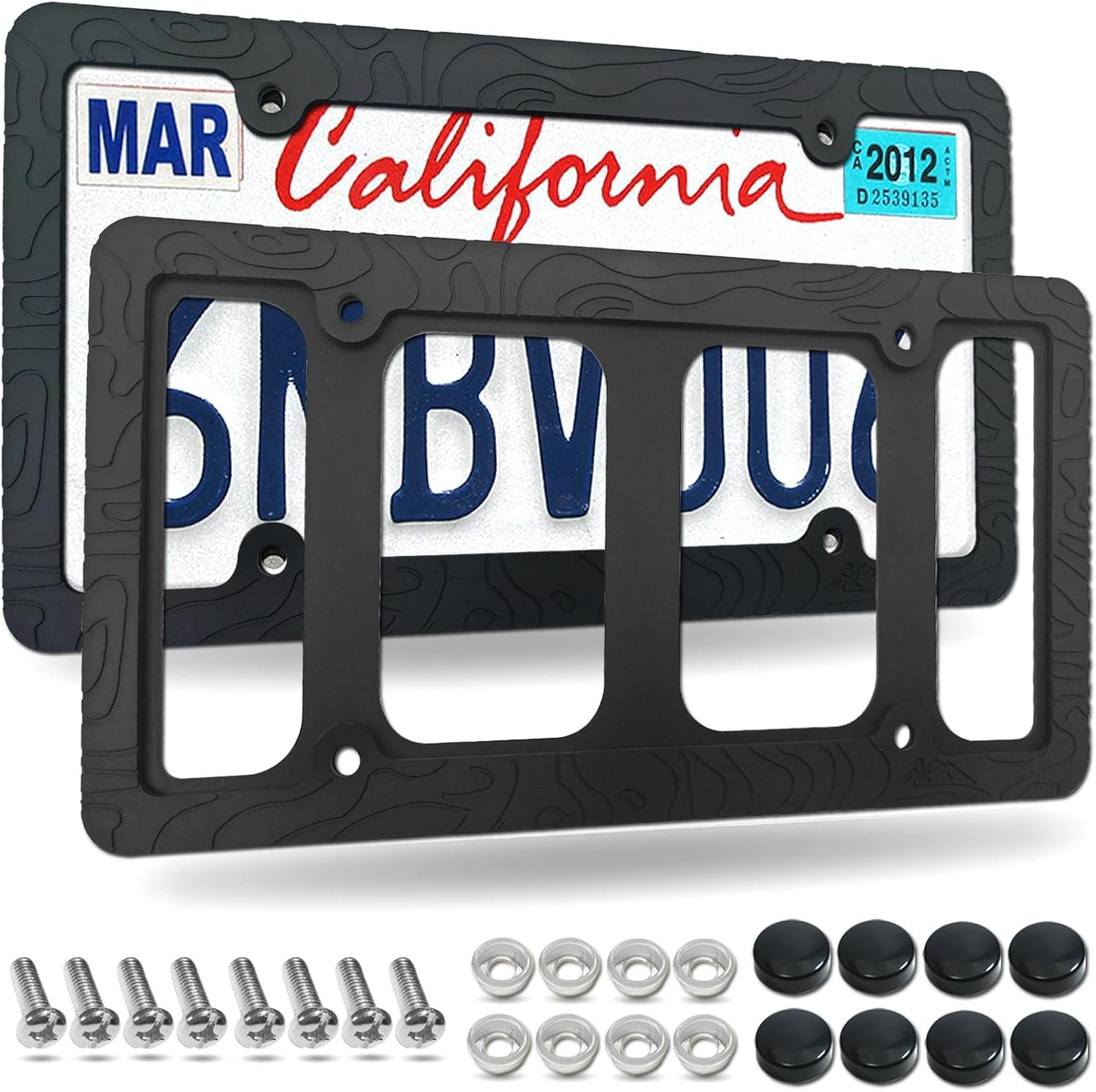 Tuersan Topography Silicone License Plate Frames- 2 Pack Matte Black Mountain Design Car Tag Holder Cover with Screws Caps, Present for Hiking & Outdoor Sports Men