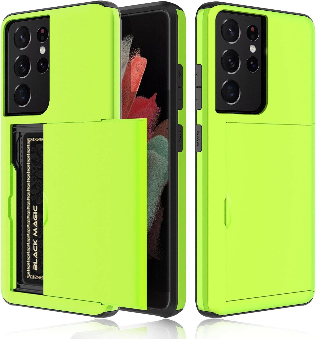 Ultra-Thin Shockproof Hard Back Silicone Dual Layer Protective Credit Card Holder ID Cards Slot Scratchproof Cover Case Compatible with Samsung Galaxy S24 Ultra (Neon Green)