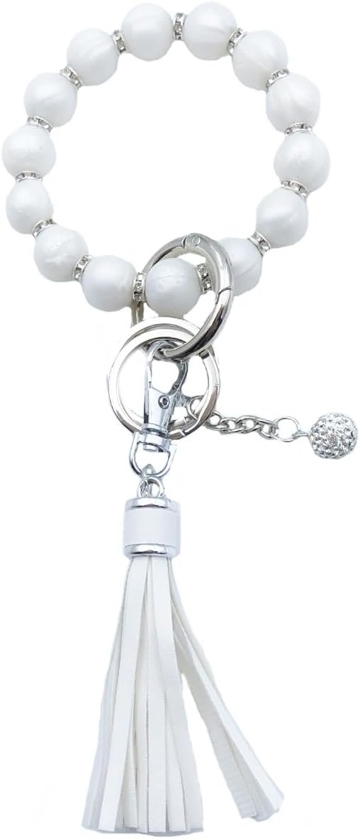 Unpafcxddyig Wristlet Bracelet Keychain Silicone Beads with Leather Tassel Rhinestone Key Rings Silver for Women