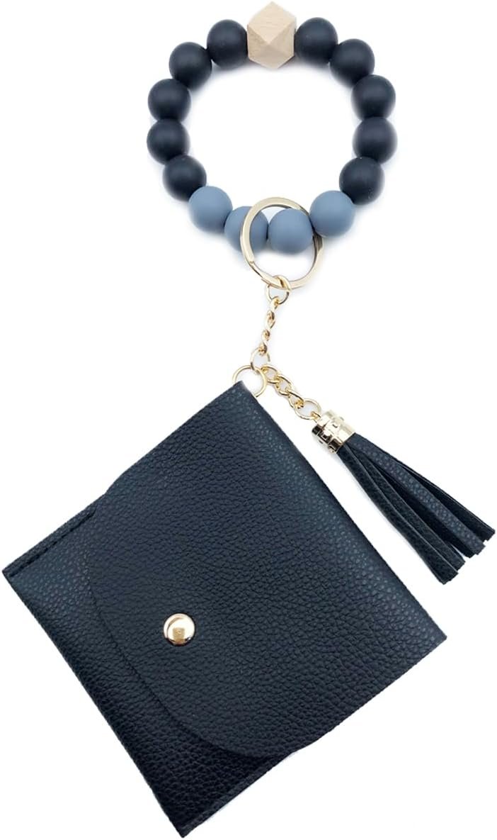 Unpafcxddyig Wristlet Bracelet Keychain with Wallet Card Holder Pocket Tassel Key Ring for Women,black