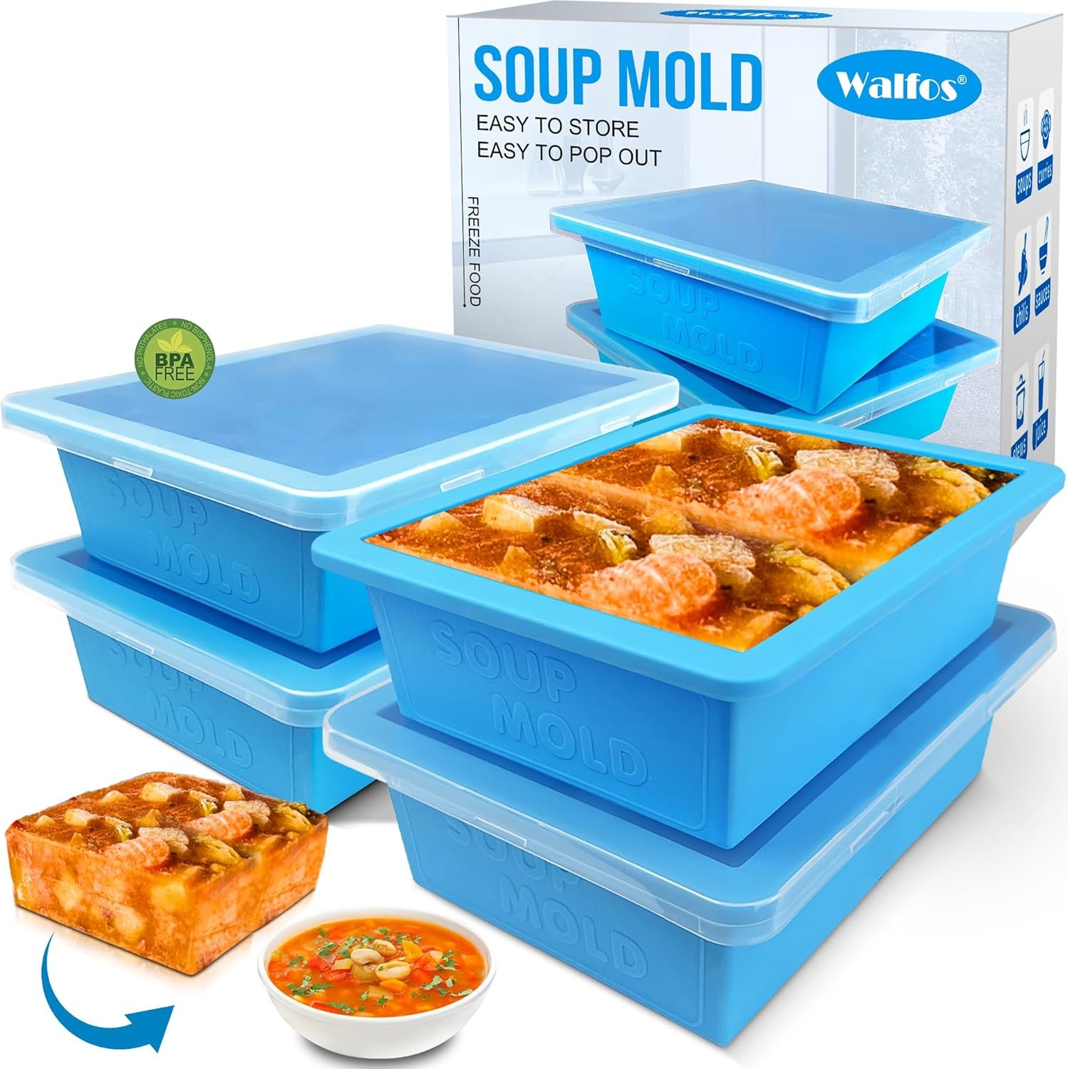 Walfos 2cup Silicone Freezing Tray with Lid - Easy Meal Prep Container and Kitchen Storage Solution, Make Perfect Freezing,Storing Soups, Foods, Stews, Dips or Sauces Simple and Convenient-4-PACK BLUE