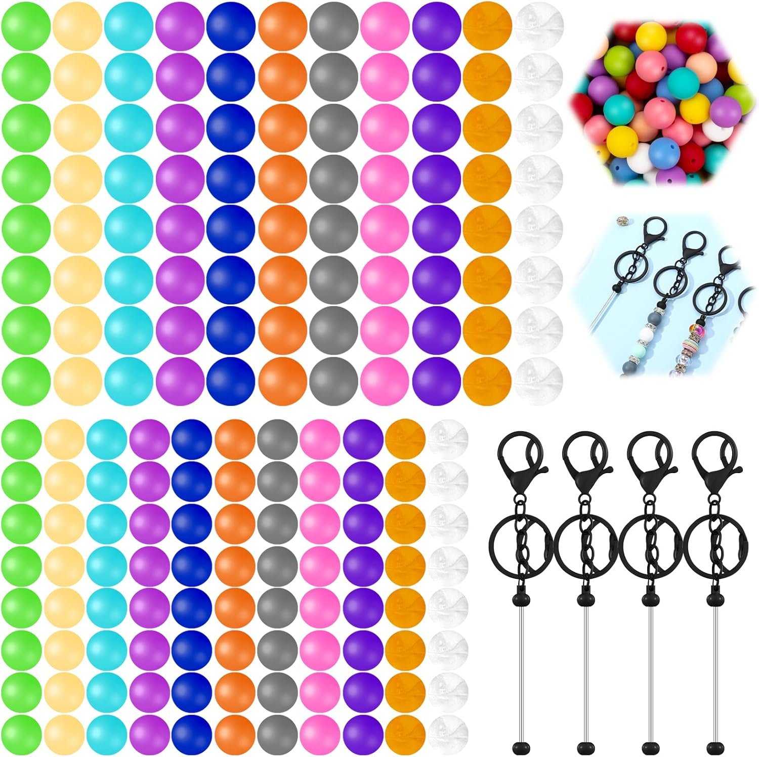 Waltool 165 Pcs Keychain Making Set Contains 15 Colors 12mm 15mm Silicone Loose Beads, Blanks Beadable Keychain Bars Key Chain Accessories Bulk for Keychain Jewelry Pendant DIY Crafts Gift