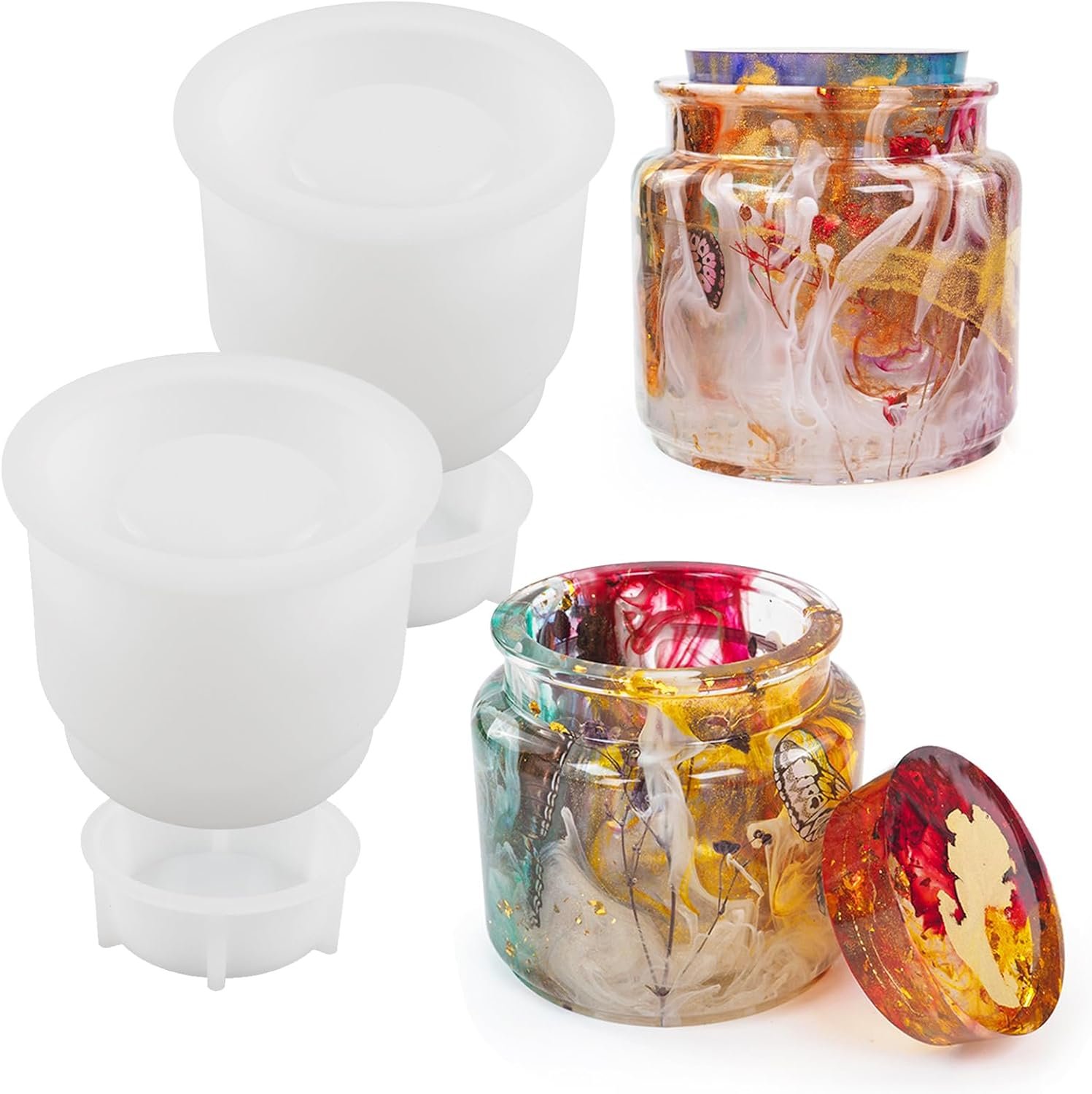 Wehous 2PCS Jar Resin Mold Set with Lids, Silicone Storage Box Mold for Jewelry Box Candle Holder Trinket Candy Container, DIY Floral Resin Casting Art Craft Home Ornament