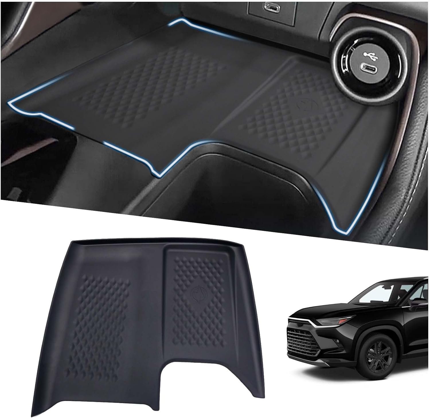 Wireless Charging Anti-Slip Mat Fit for 2024 2025 Toyota Grand Highlander, Silicone Waterproof & Stain-Resistant Car Center Console Phone Charger Protective Pad Liner Accessories(1PCS, Black)