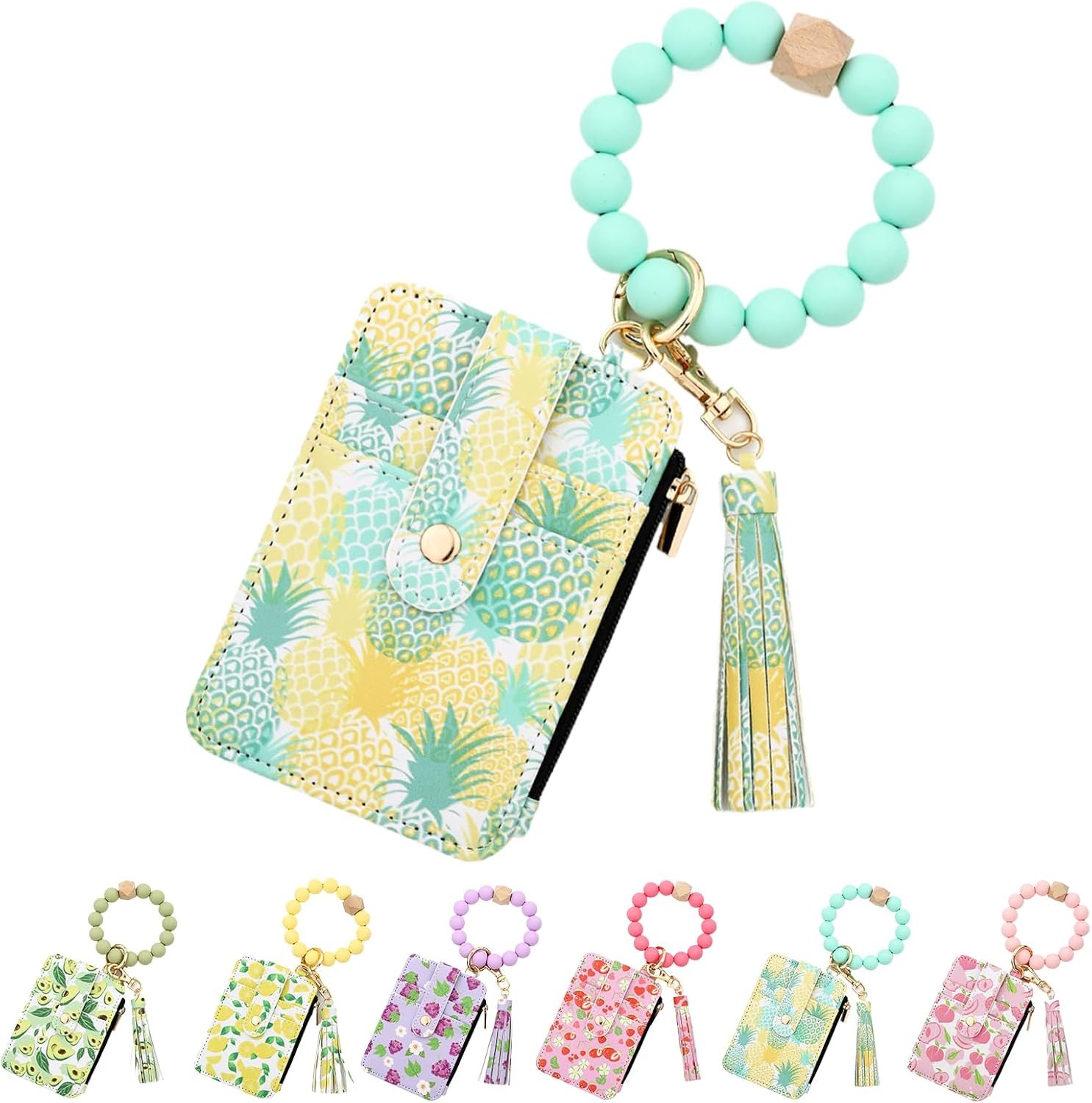 Women's Boho Style Beaded & Tassel Decorated Keychain with Flower Pattern Wallet, Bracelet Keychain Wallet, for Women (Pineapple)