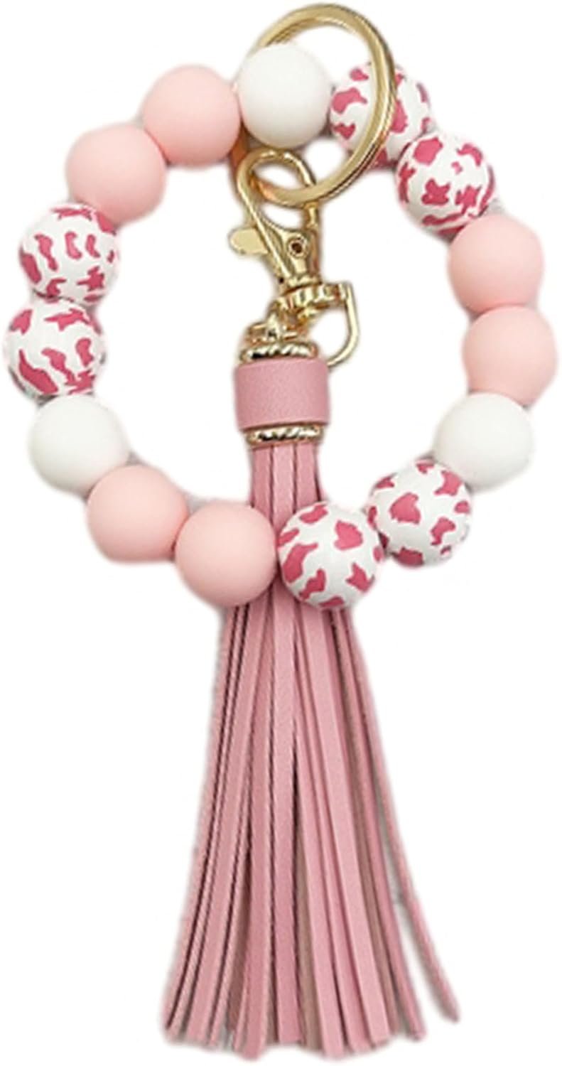 Wristlet Keychain Women,Cow Wood Beads Silicone Beaded Keyring Bracelet,Bangle with Tassel Car Key Chain Holder