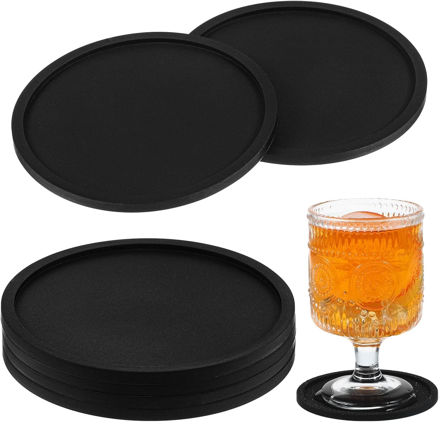 Xindojuz Drink Coasters Set of 4, 3.94 Inch Black Silicone Coasters for Drinks Washable Heat Resistant Durable Non-Slip Round Cup Mats for Coffee Table Wooden Desk Kitchen Bar, Black