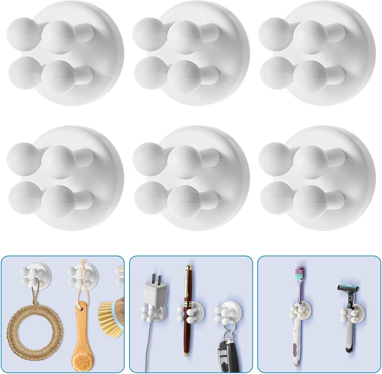 cobee 6 Pcs Silicone Toothbrush Holders, Self Adhesive Razor Holder for Shower Waterproof Multi-Function Hook Silicone Wall Mounted Hook for Hanging Key Plug Holder for Kitchen Bathroom Home Office