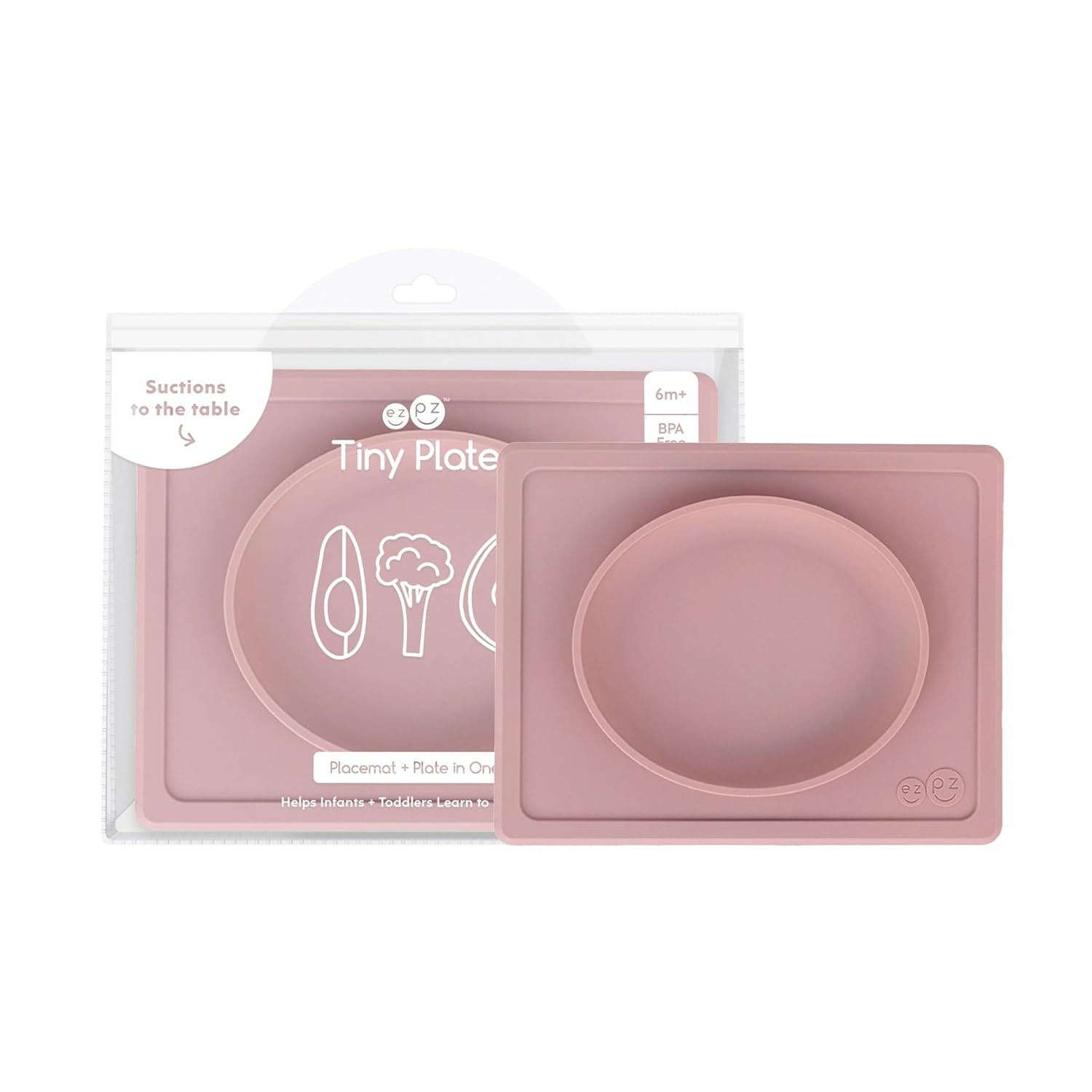 ezpz Tiny Plate (Blush) - Silicone Suction Placemat + Plate for Infants - 6 months+ - Baby Led Weaning Supplies - Fits on Most Highchair Trays