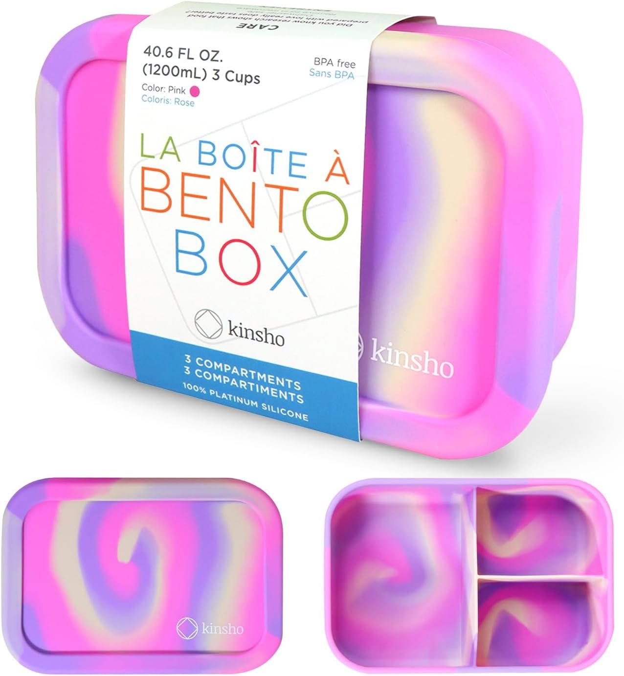 kinsho Silicone Lunch Box Bento-Box for Kids Toddlers Girls, Reuseable Eco Snack and Meal Container for School Daycare or Travel, 5 Cups / 40 oz Large Capacity, Pink Purple