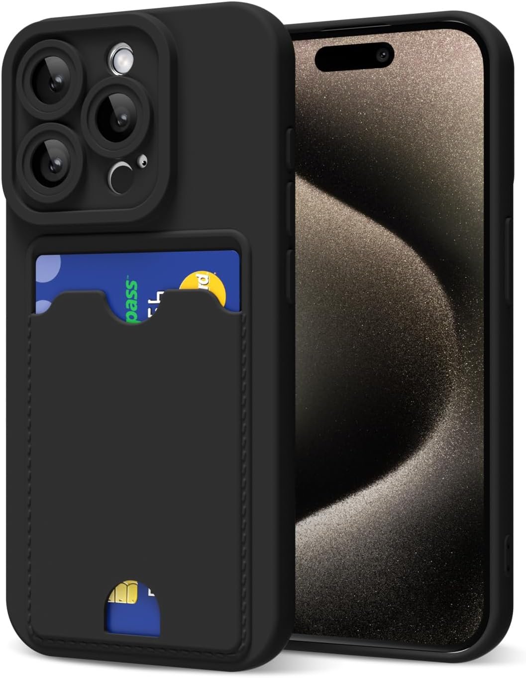 oakxco for iPhone 15 Pro Max Case with Card Holder, Cute Silicone Wallet Phone Case with Credit Card Slot, Soft Rubber Thin Slim Purse for Women Men with Shockproof Camera Cover Protection, Black