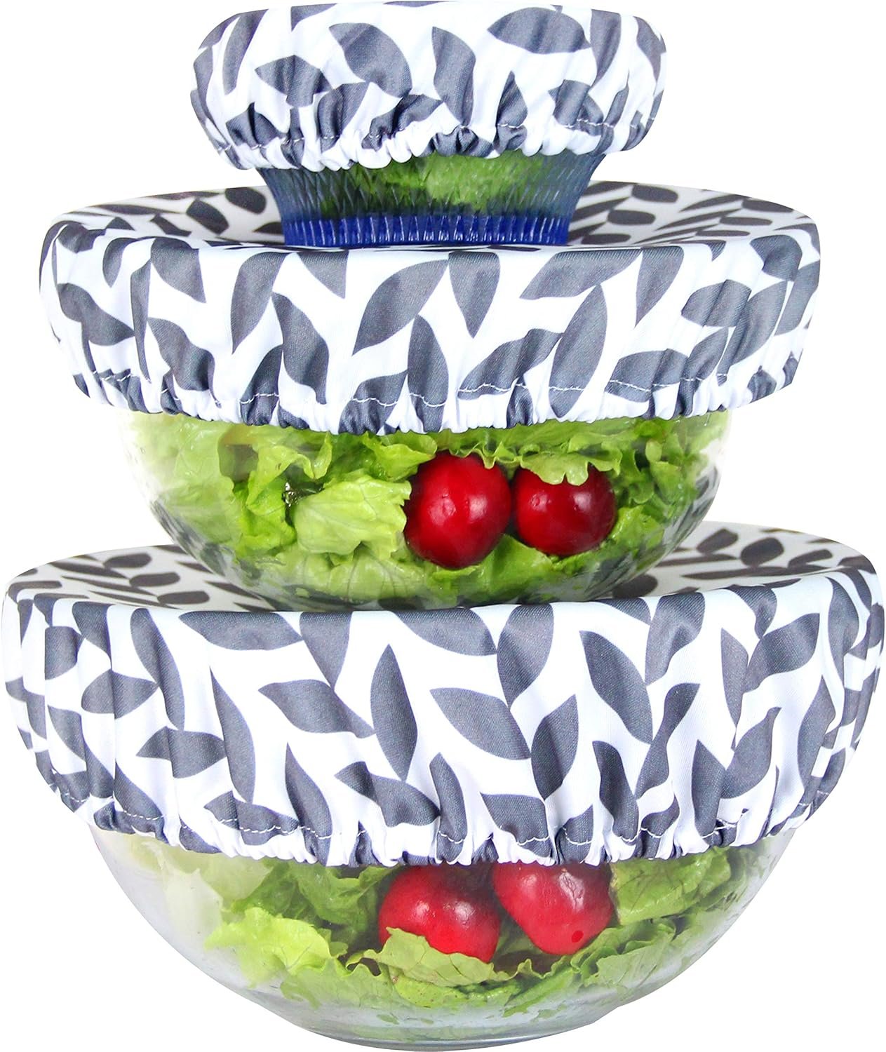 wegreeco Elastic Reusable Bowl Covers - Set of 3, Grey Leaf